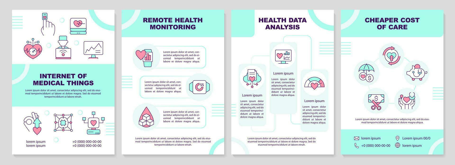 Internet of medical things turquoise brochure template. Leaflet design with linear icons. Editable 4 vector layouts for presentation, annual reports