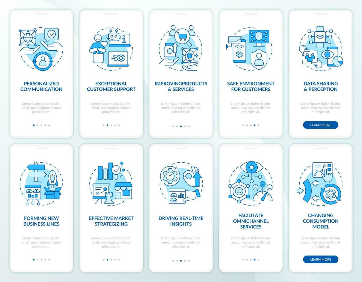 IoT in business benefits blue onboarding mobile app screen set. Walkthrough 5 steps editable graphic instructions with linear concepts. UI, UX, GUI templated vector