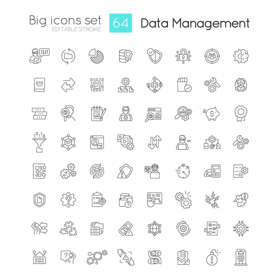 Data management linear icons set. System analytics. Information storage optimization. Customizable thin line symbols. Isolated vector outline illustrations. Editable stroke used