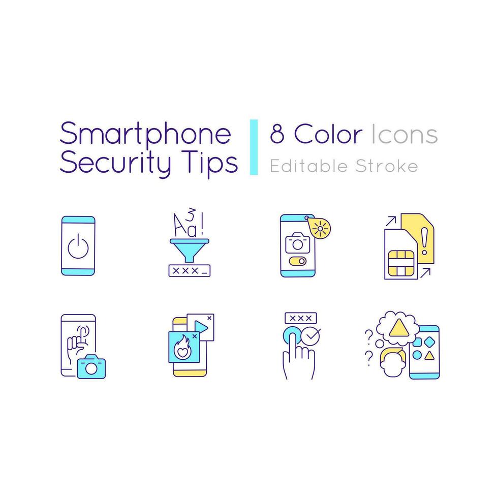 Smartphone security tips RGB color icons set. Strong login data. Cybersecurity Isolated vector illustrations. Simple filled line drawings collection. Editable stroke used