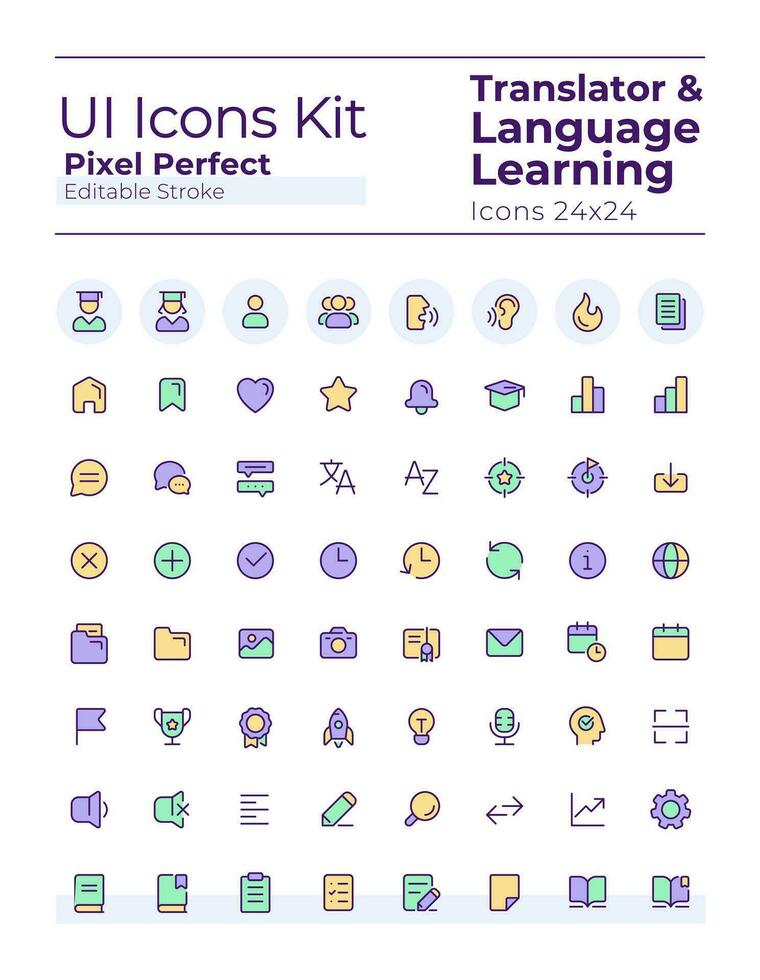 Translator pixel perfect RGB color ui icons set. Language learning. Communication. GUI, UX design for mobile app. Vector isolated pictograms. Editable stroke