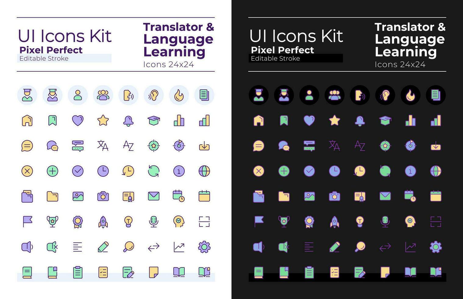 Translator pixel perfect RGB color ui icons set for dark, light mode. Language learning. GUI, UX design for mobile app. Vector isolated pictograms. Editable stroke