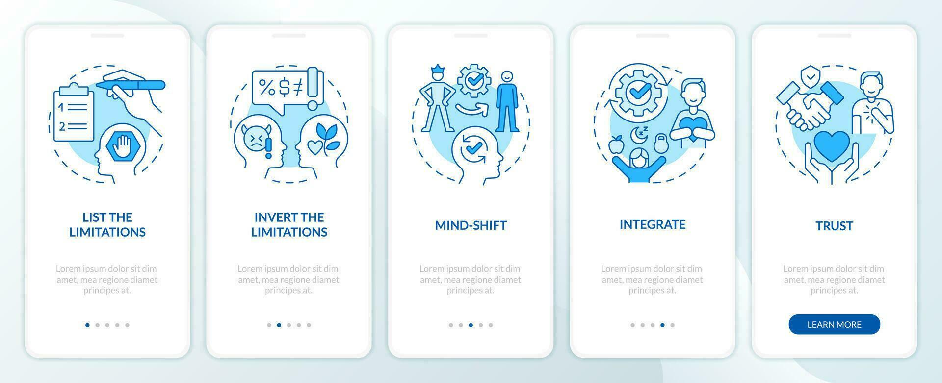 Removing personal limitations tips blue onboarding mobile app screen. Walkthrough 5 steps editable graphic instructions with linear concepts. UI, UX, GUI templated vector