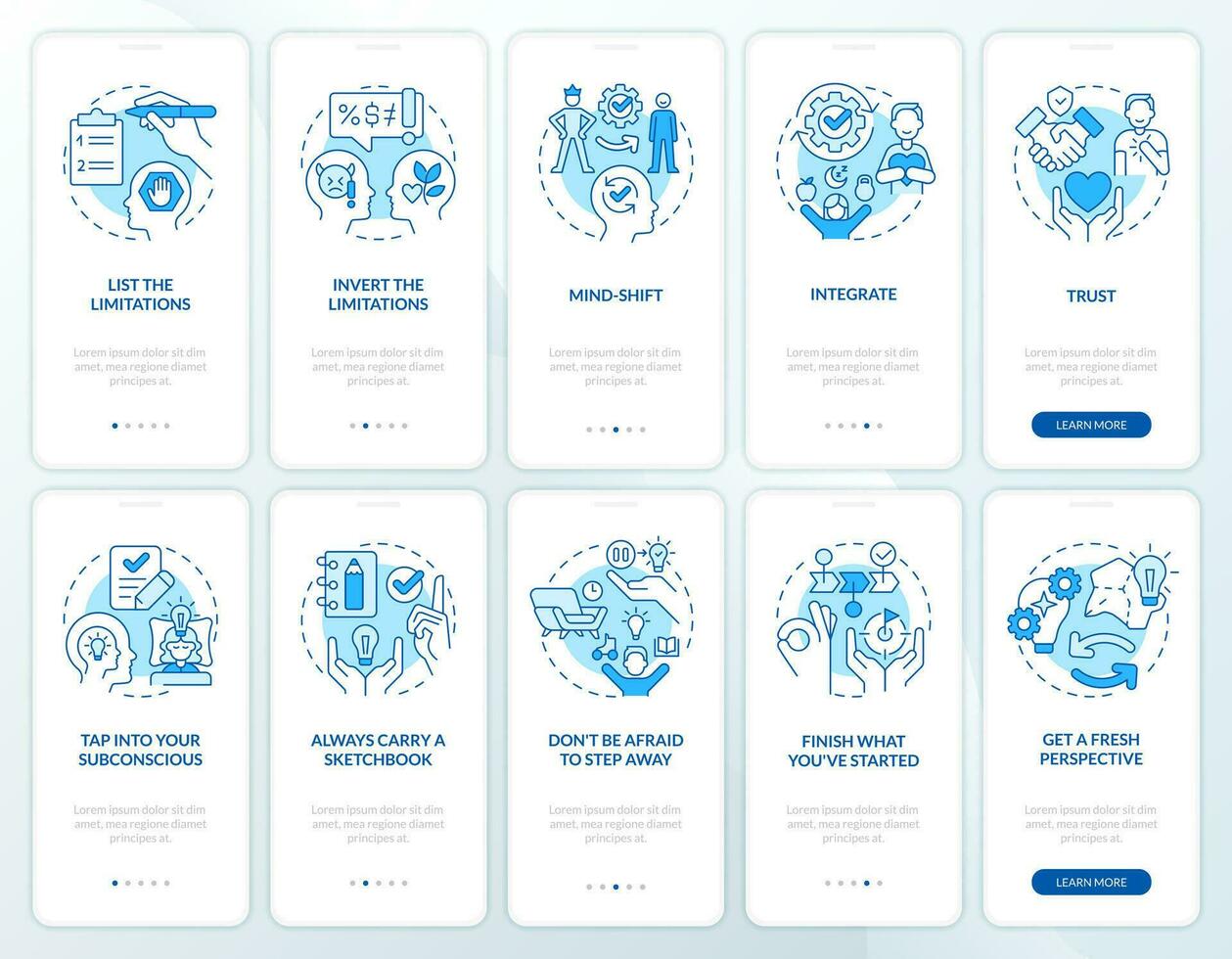 Break barriers blue onboarding mobile app screen set. Creative block walkthrough 5 steps editable graphic instructions with linear concepts. UI, UX, GUI templated vector