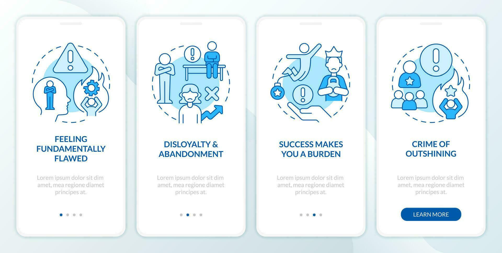 Upper limit problem blue onboarding mobile app screen. Walkthrough 4 steps editable graphic instructions with linear concepts. UI, UX, GUI templated vector