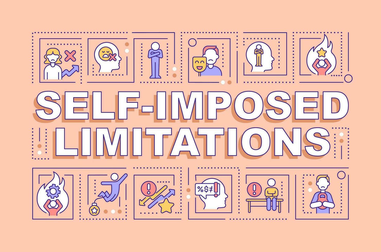 Self imposed limitations word concepts pink banner. Personal growth. Infographics with editable icons on color background. Isolated typography. Vector illustration with text