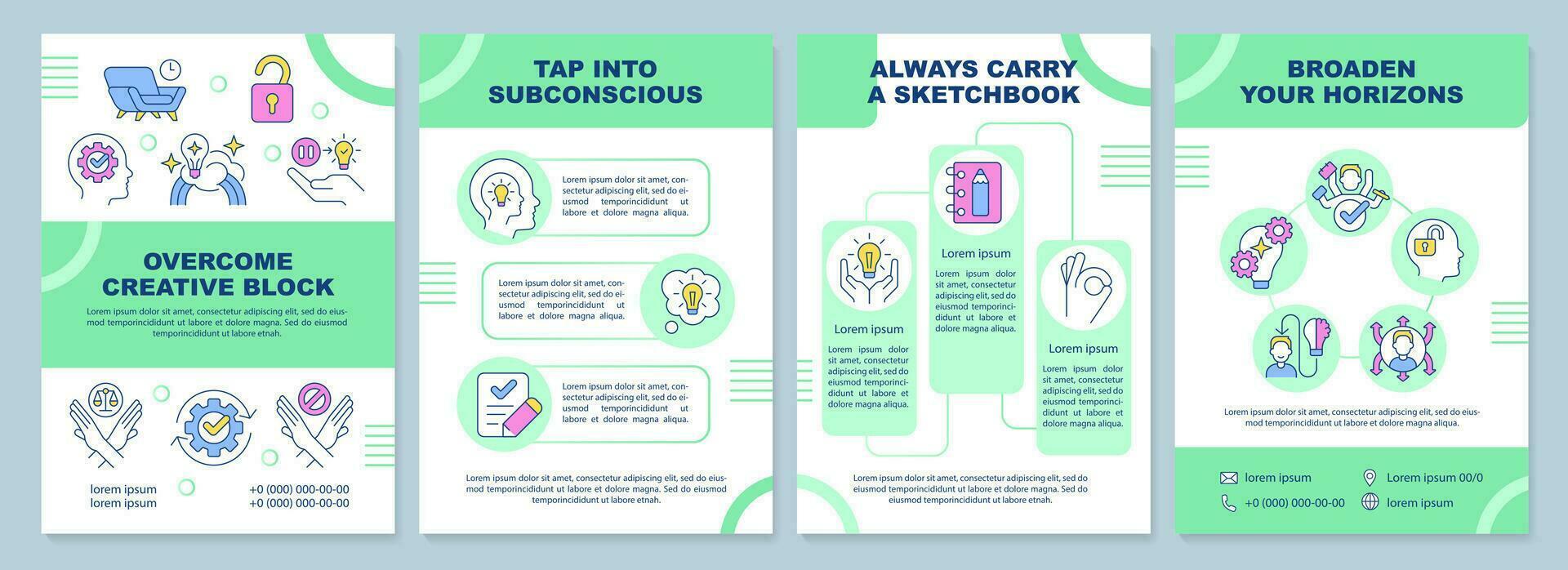 Overcome creative block brochure template. Professional tips. Leaflet design with linear icons. Editable 4 vector layouts for presentation, annual reports