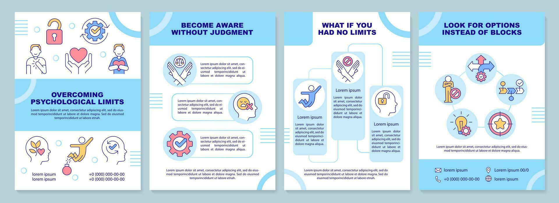 Overcoming psychological limits tips blue brochure template. Leaflet design with linear icons. Editable 4 vector layouts for presentation, annual reports