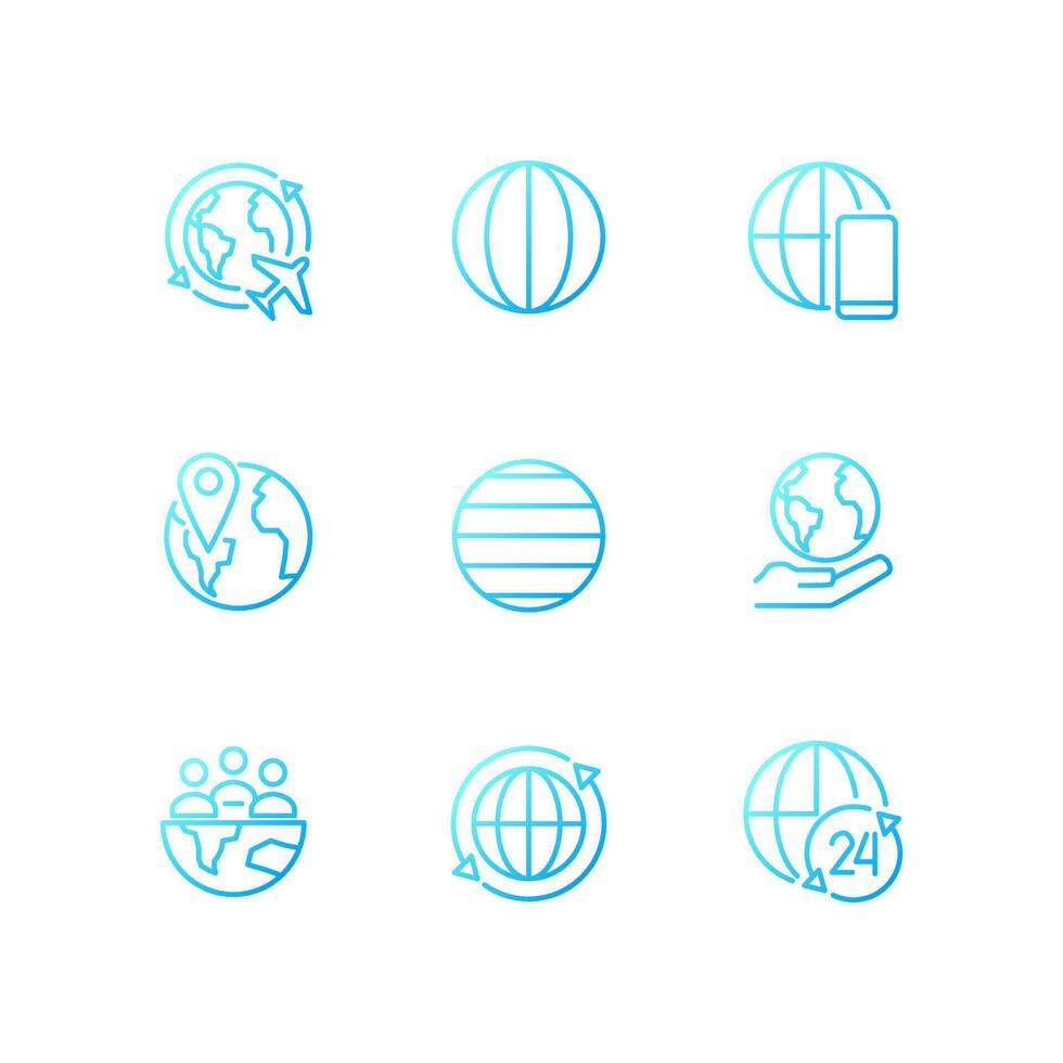 Globalization pixel perfect gradient linear vector icons set. World networks. International relationships. Thin line contour symbol designs bundle. Isolated outline illustrations collection