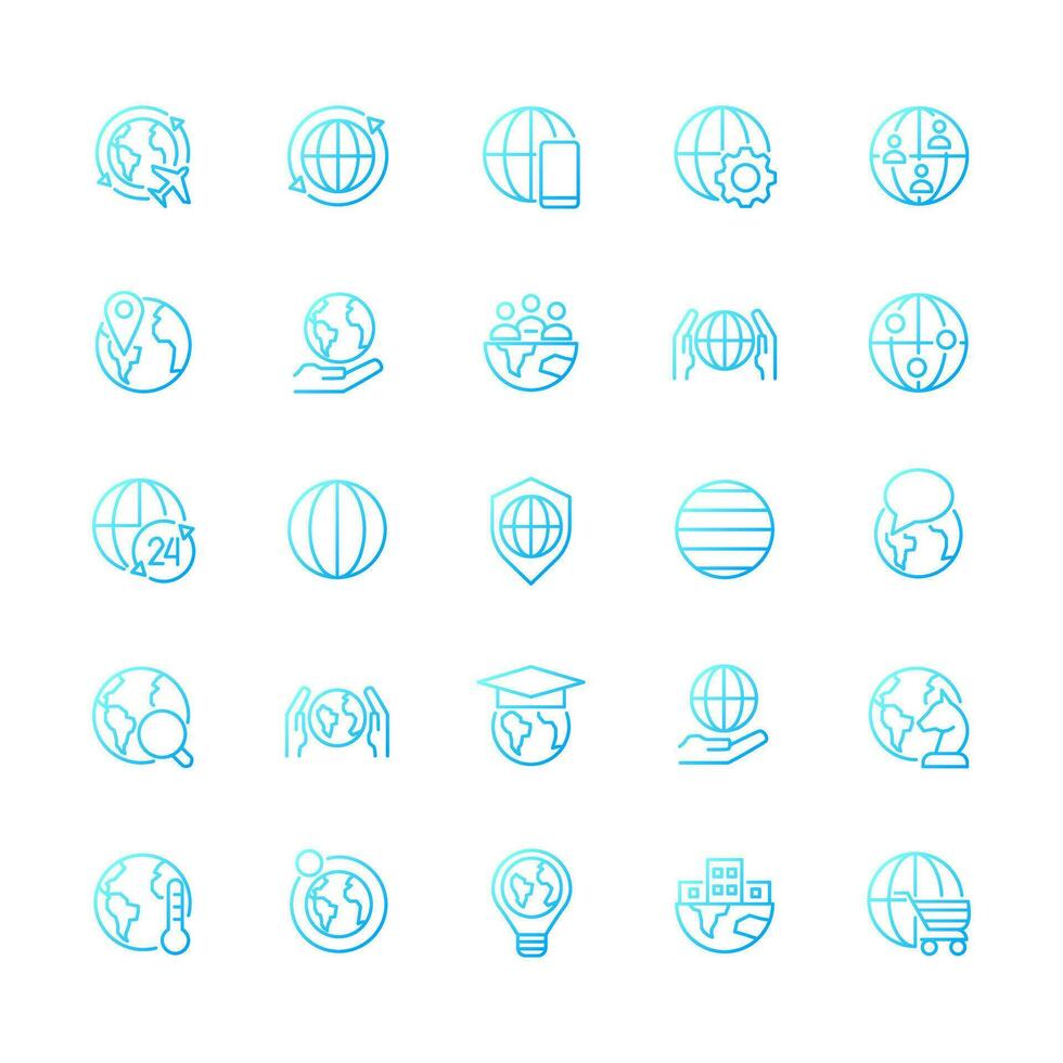 Globe pixel perfect gradient linear vector icons set. World map. Planet friendly. Thin line contour symbol designs bundle. Isolated outline illustrations collection