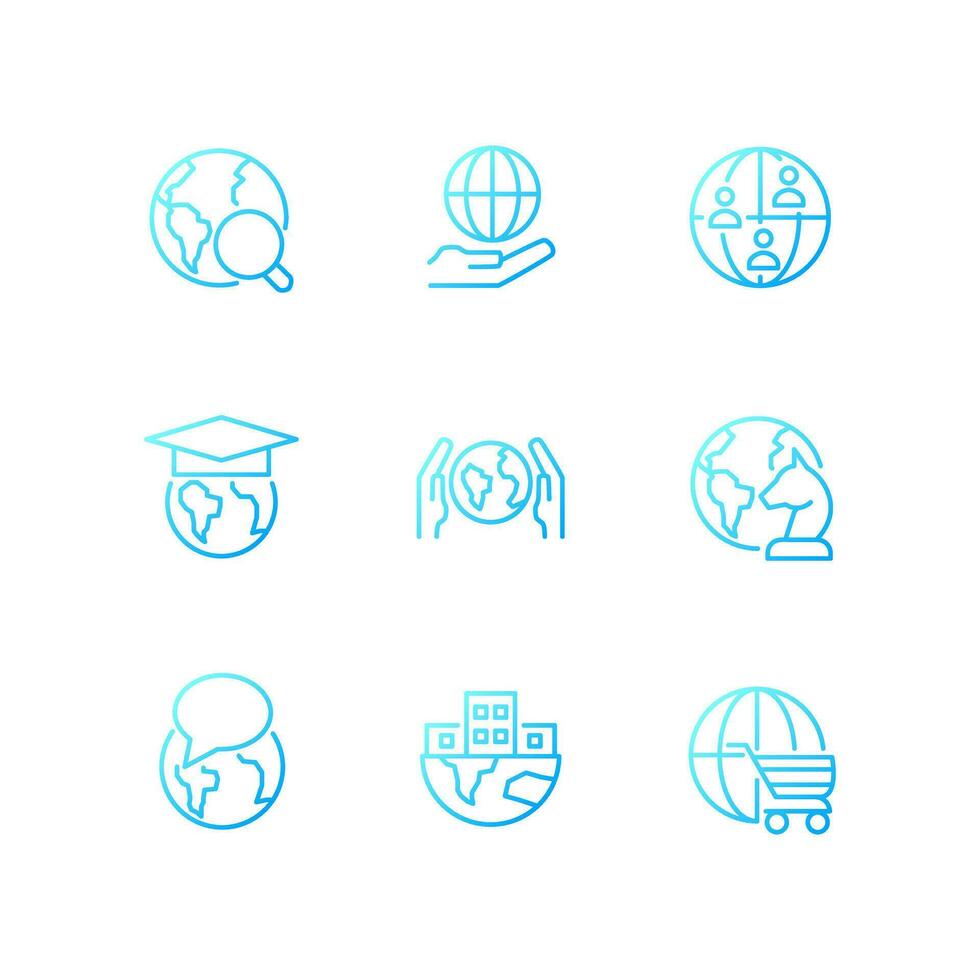 Global relationships pixel perfect gradient linear vector icons set. International connections. World development. Thin line contour symbol designs bundle. Isolated outline illustrations collection