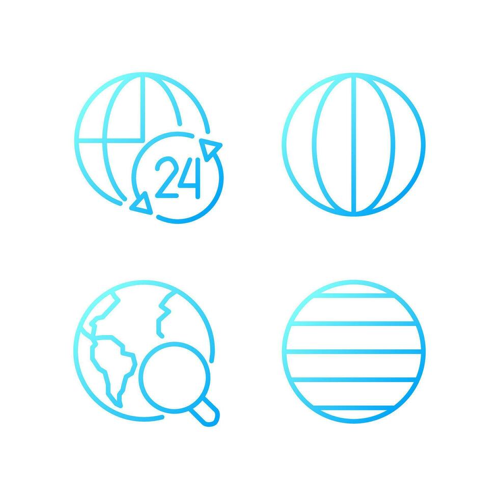 Geography pixel perfect gradient linear vector icons set. Planet time zones. Longitude and latitude. Earth research. Thin line contour symbol designs bundle. Isolated outline illustrations collection