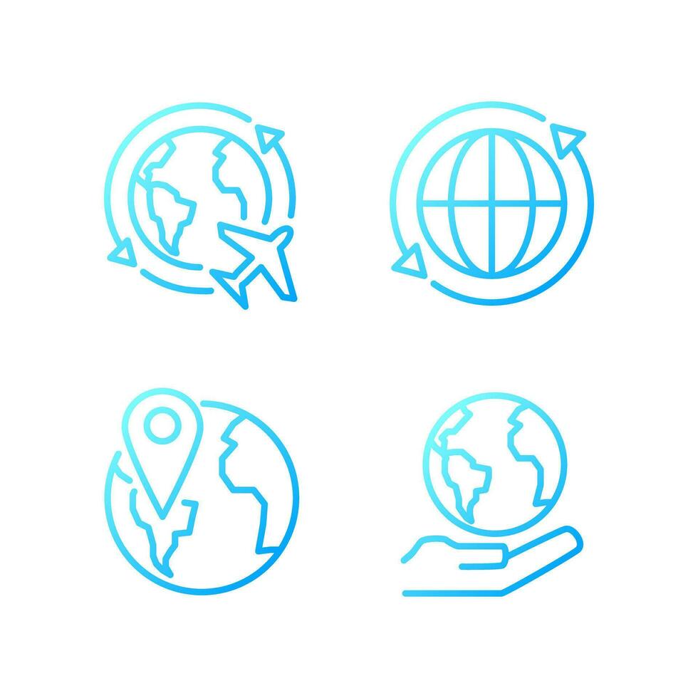 Travel around world pixel perfect gradient linear vector icons set. International tourism. Planet map navigation. Thin line contour symbol designs bundle. Isolated outline illustrations collection