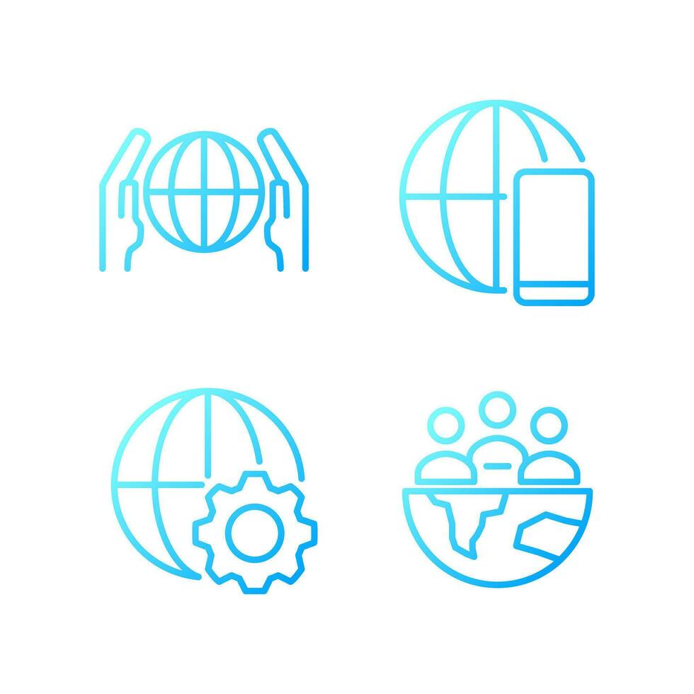 Globalization process pixel perfect gradient linear vector icons set. Worldwide network. International connection. Thin line contour symbol designs bundle. Isolated outline illustrations collection