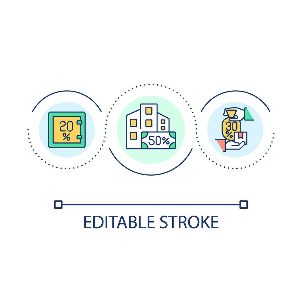 50 20 30 budgeting rule loop concept icon. Effective money management abstract idea thin line illustration. Divide into spending categories. Isolated outline drawing. Editable stroke vector