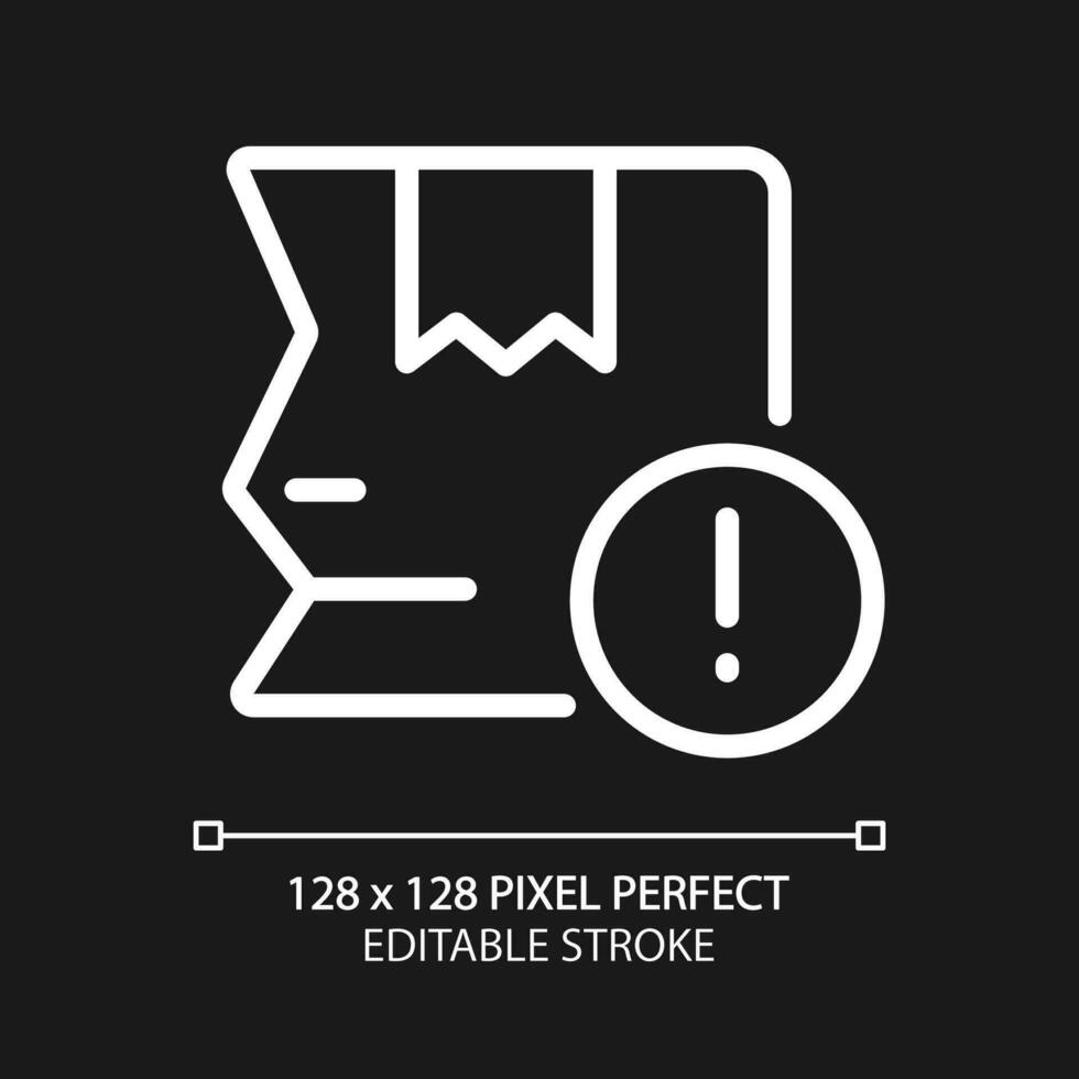 Shipping damage pixel perfect white linear icon for dark theme. Goods damaged during transportation. Thin line illustration. Isolated symbol for night mode. Editable stroke vector