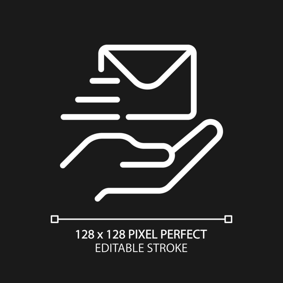 Send letter pixel perfect white linear icon for dark theme. Delivery service. Written communication. Thin line illustration. Isolated symbol for night mode. Editable stroke vector