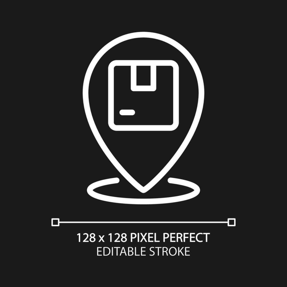 Deliver to location pixel perfect white linear icon for dark theme. Courier service. Parcel shipment. Thin line illustration. Isolated symbol for night mode. Editable stroke vector