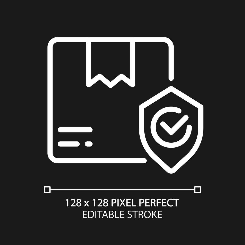 Parcel safety pixel perfect white linear icon for dark theme. Delivery service insurance and warranty. Thin line illustration. Isolated symbol for night mode. Editable stroke vector