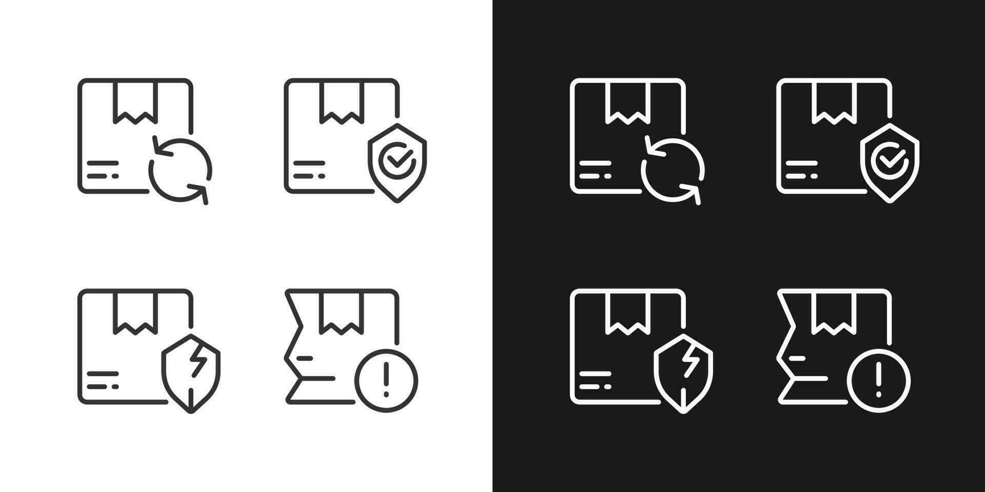 Delivery features and issues pixel perfect white linear icon for dark themes set for dark, light mode. Parcel damage. Thin line symbols for night, day theme. Isolated illustrations. Editable stroke vector