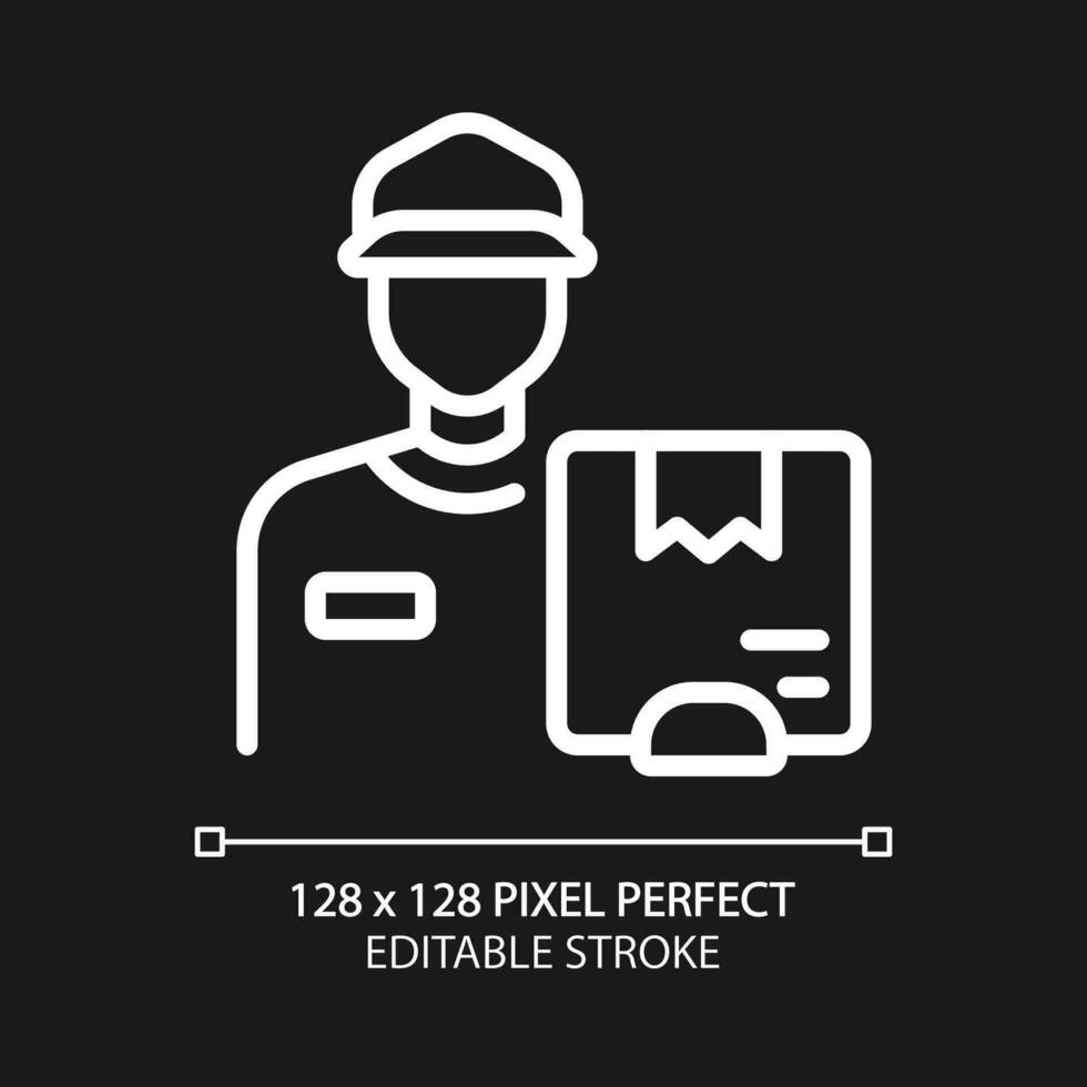Courier delivery pixel perfect white linear icon for dark theme. Deliver package door to door. Thin line illustration. Isolated symbol for night mode. Editable stroke vector