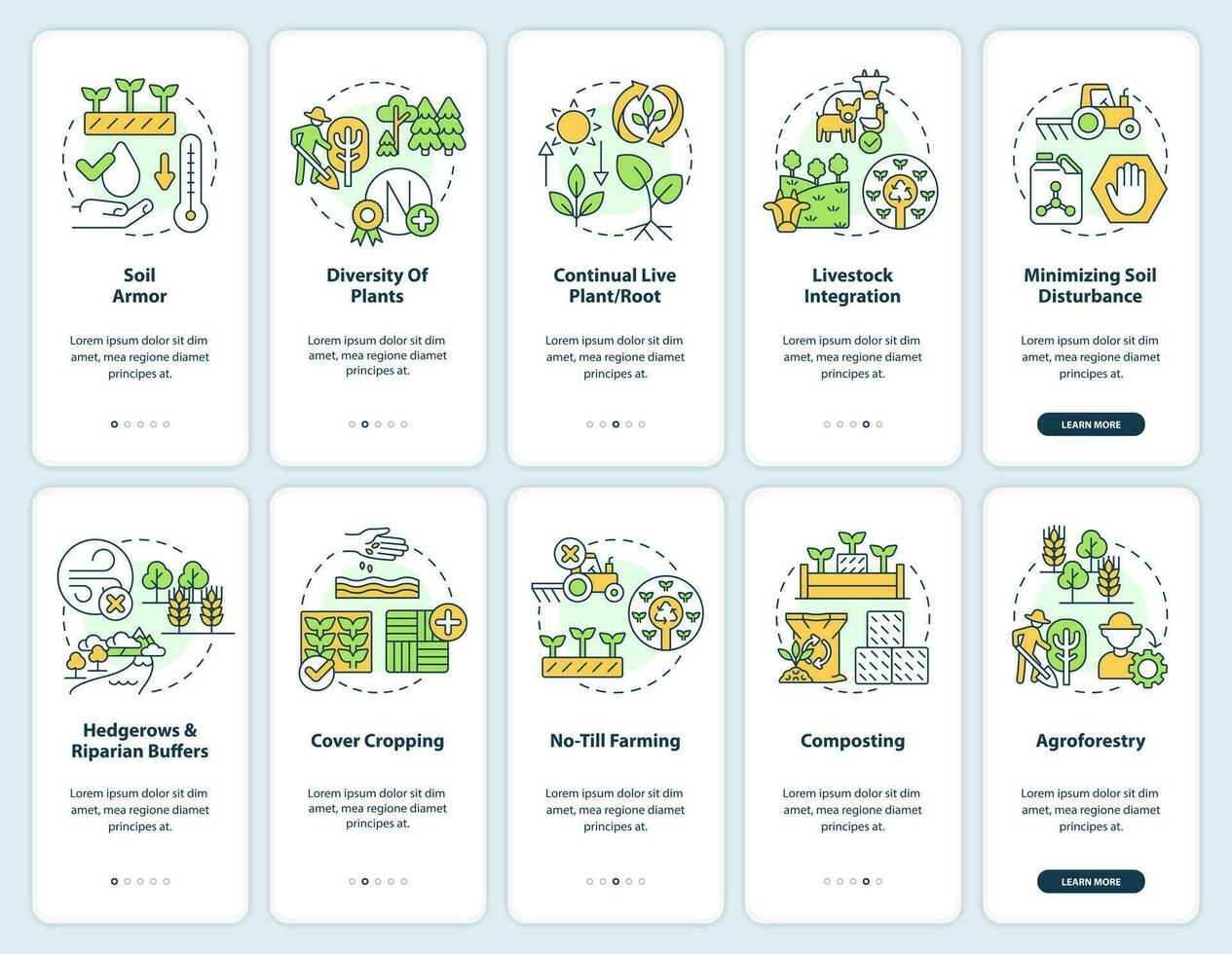 Regenerative agriculture onboarding mobile app screens set. Walkthrough 5 steps editable graphic instructions with linear concepts. UI, UX, GUI templated vector