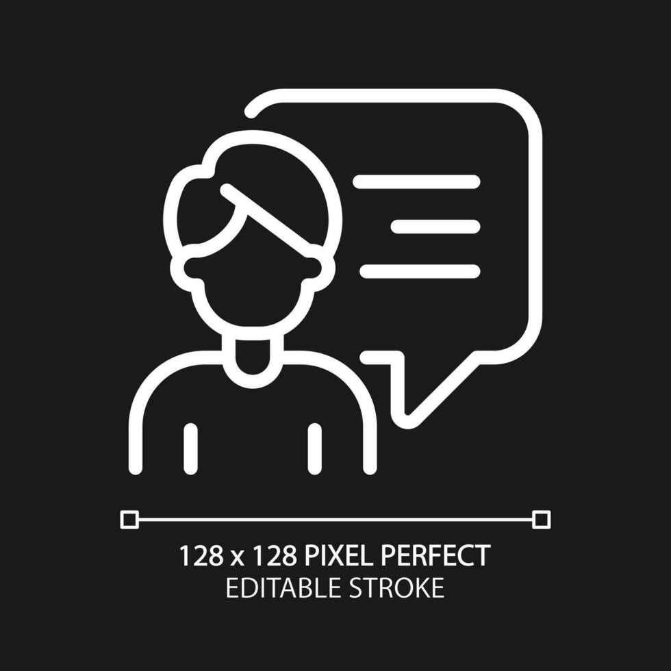 Talking man with chat bubble pixel perfect white linear icon for dark theme. Person performing speech. Communication channel. Thin line illustration. Isolated symbol for night mode. Editable stroke vector