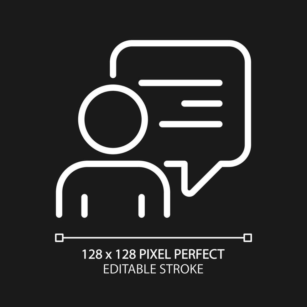 Speech balloon near talking person pixel perfect white linear icon for dark theme. Communication process visualisation. Thin line illustration. Isolated symbol for night mode. Editable stroke vector