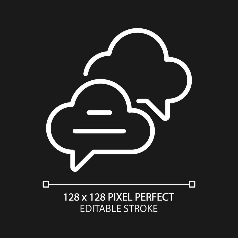 Cloud based live chat pixel perfect white linear icon for dark theme. Speech balloons of conversation. Social media technology. Thin line illustration. Isolated symbol for night mode. Editable stroke vector