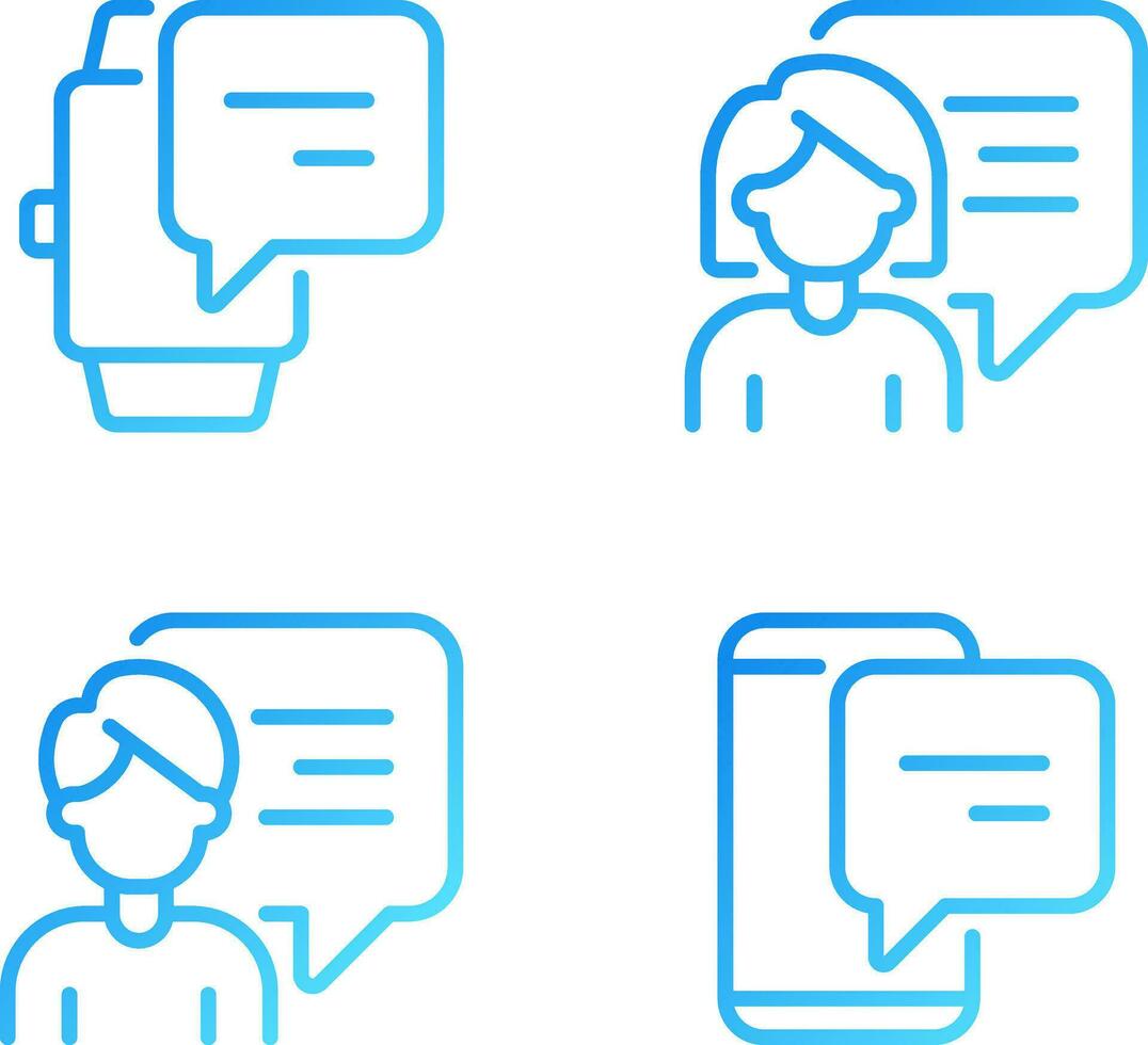 Communication with chat bubbles via gadgets pixel perfect gradient linear vector icons set. Technology of connection. Thin line contour symbol designs bundle. Isolated outline illustrations collection