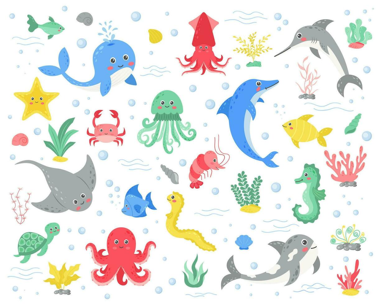 Vector set of sea animals in cartoon style.