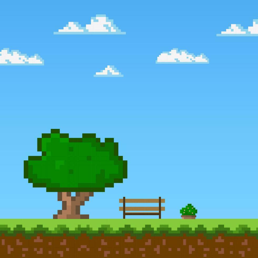 Pixel art game Background trees grass ground, Pixel art landscape blue sky in the park vector