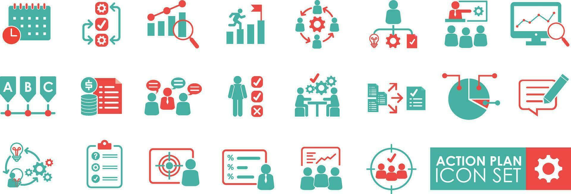 Action plan icon set. Vector illustration Containing planning, analysis, tasks, goal, schedule, strategy,  collaboration and objective icons. Solid icon simple style.