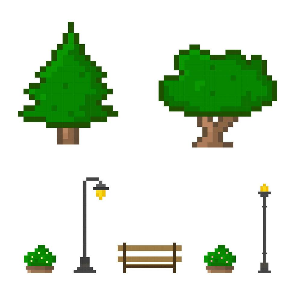 Pixel art park element, trees, bench, bush, street light for design scene for 8 bit game vector