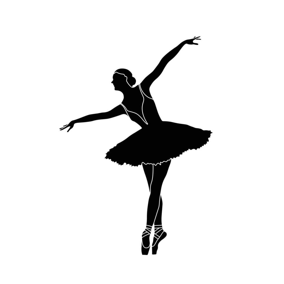 Ballerina silhouette flat vector on white background. Collection of ballet dance positions. Black and white ballet dancer icon.