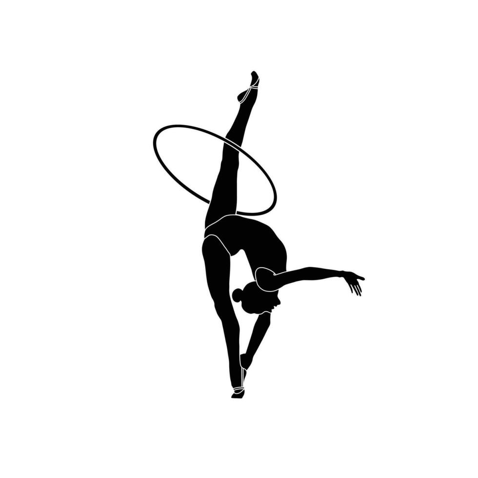 Hoop Rhythmic Gymnastics flat sihouette vector. Rhythmic Gymnastics female athlete black icon on white background. vector
