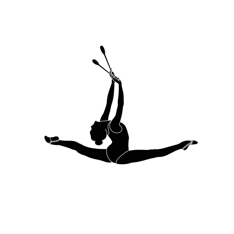 Clubs Rhythmic Gymnastics flat sihouette vector. Rhythmic Gymnastics female athlete black icon on white background. vector