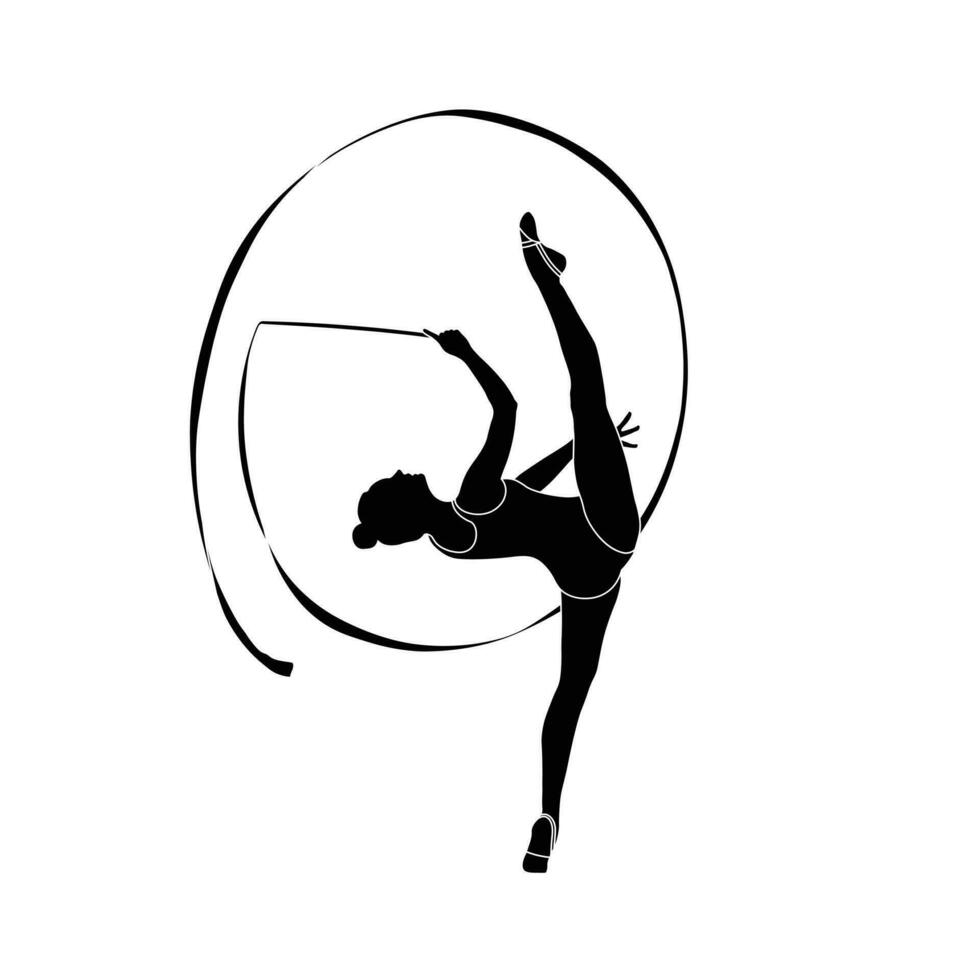 Rhythmic Gymnastics with ribbon flat sihouette vector. Black and white Rhythmic Gymnastics icon on white background. vector