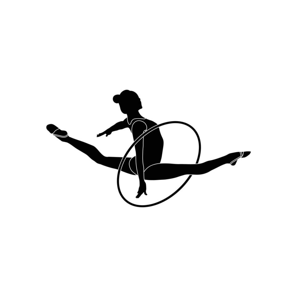 Hoop Rhythmic Gymnastics flat sihouette vector. Rhythmic Gymnastics female athlete black icon on white background. vector