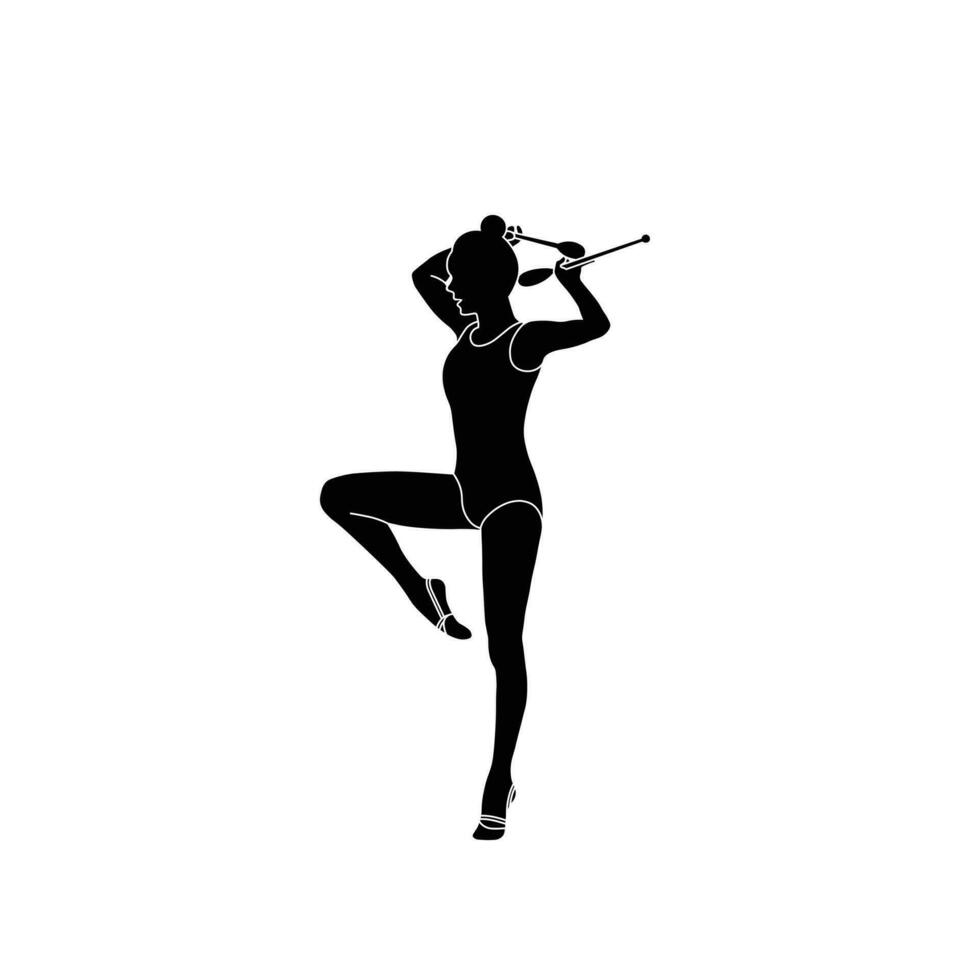 Clubs Rhythmic Gymnastics flat sihouette vector. Rhythmic Gymnastics female athlete black icon on white background. vector