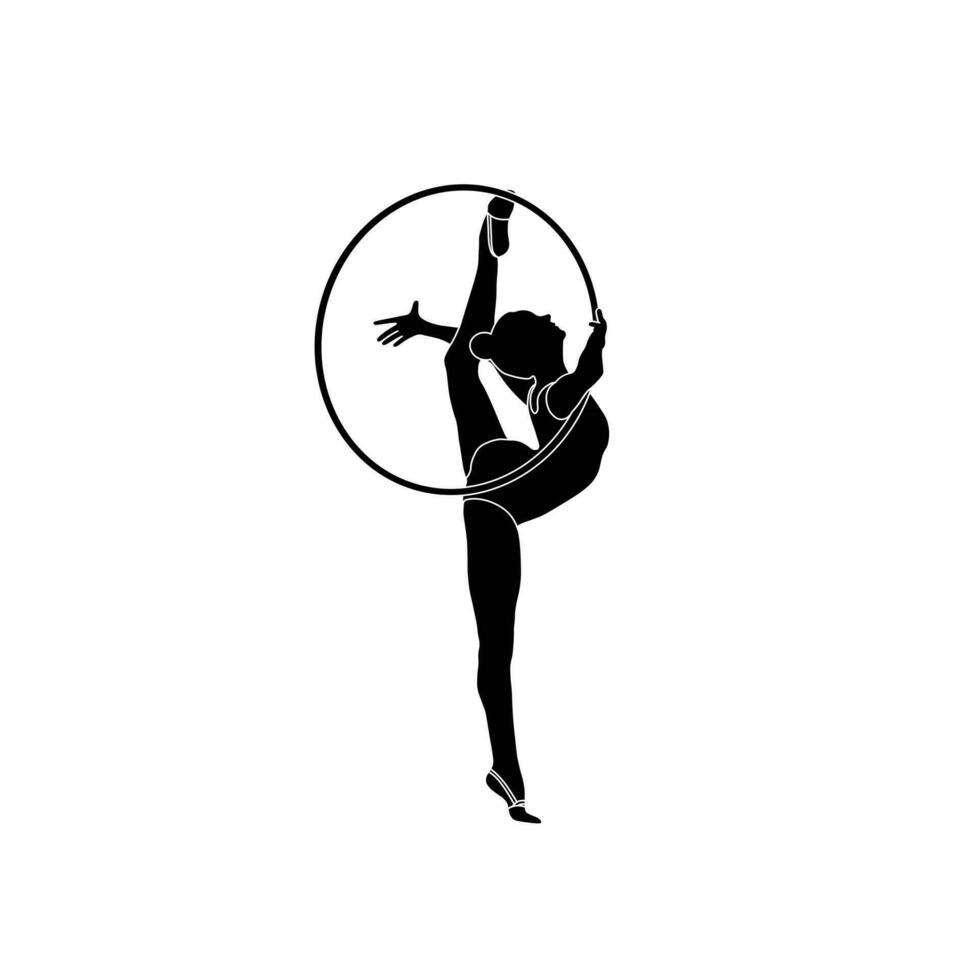 Hoop Rhythmic Gymnastics flat sihouette vector. Rhythmic Gymnastics female athlete black icon on white background. vector