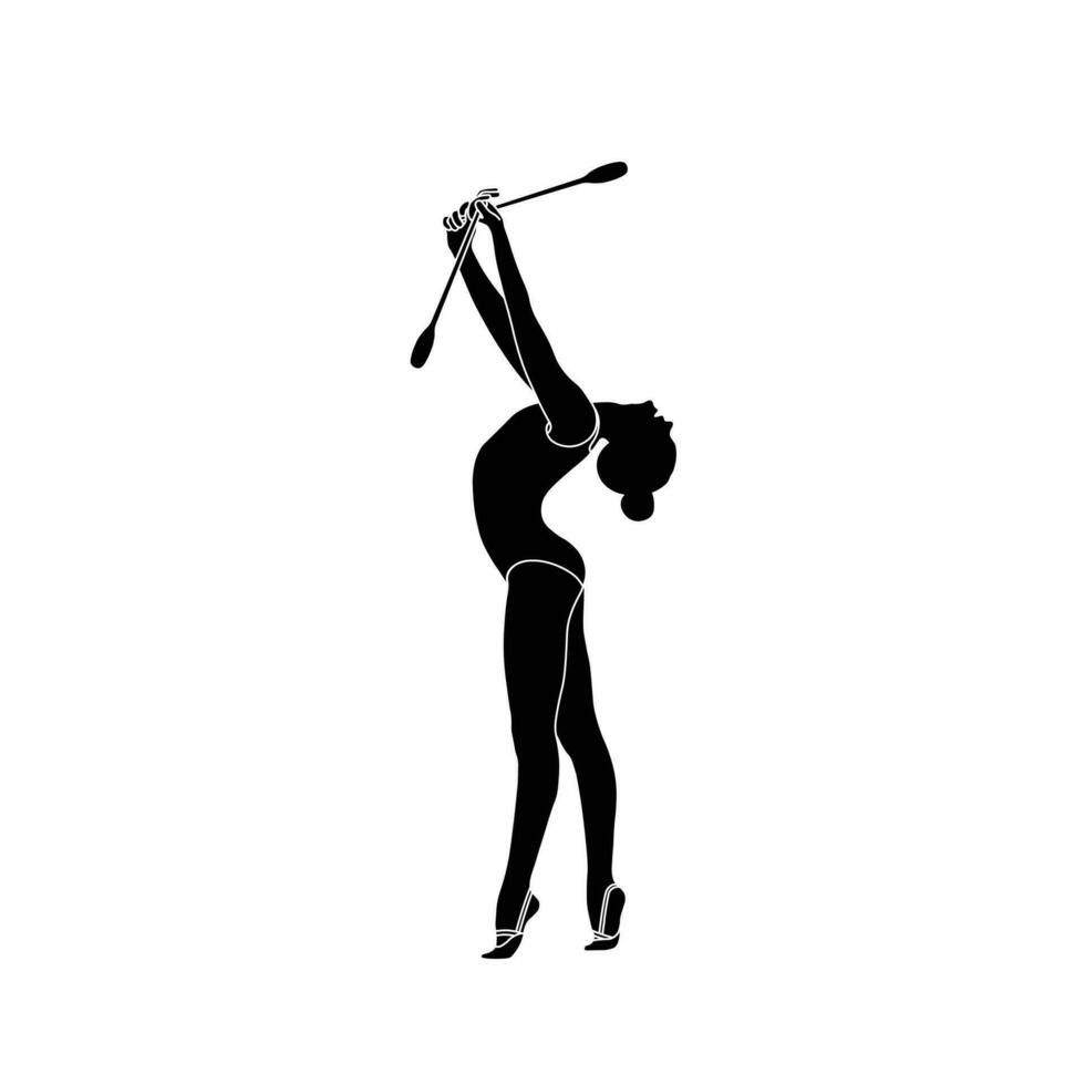 clubs rítmico gimnasia plano silueta vector. rítmico gimnasia hembra atleta negro icono en blanco antecedentes. vector