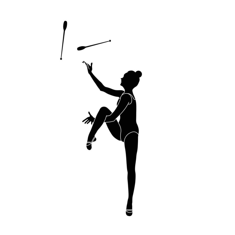 Clubs Rhythmic Gymnastics flat sihouette vector. Rhythmic Gymnastics female athlete black icon on white background. vector