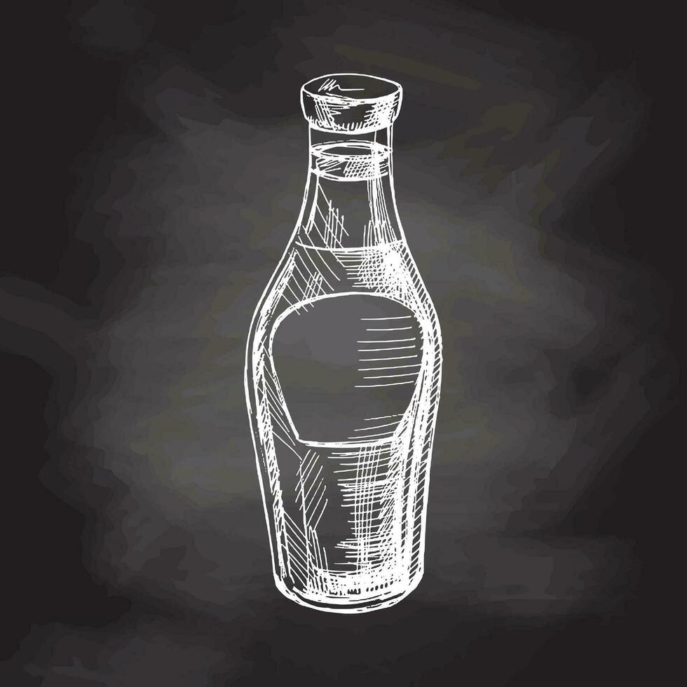 Hand drawn vector sketch of glass bottle with sauce, ketchup. Doodle vintage illustration isolated on chalkboard background. Decorations for the menu of cafes and labels. Engraved immage.