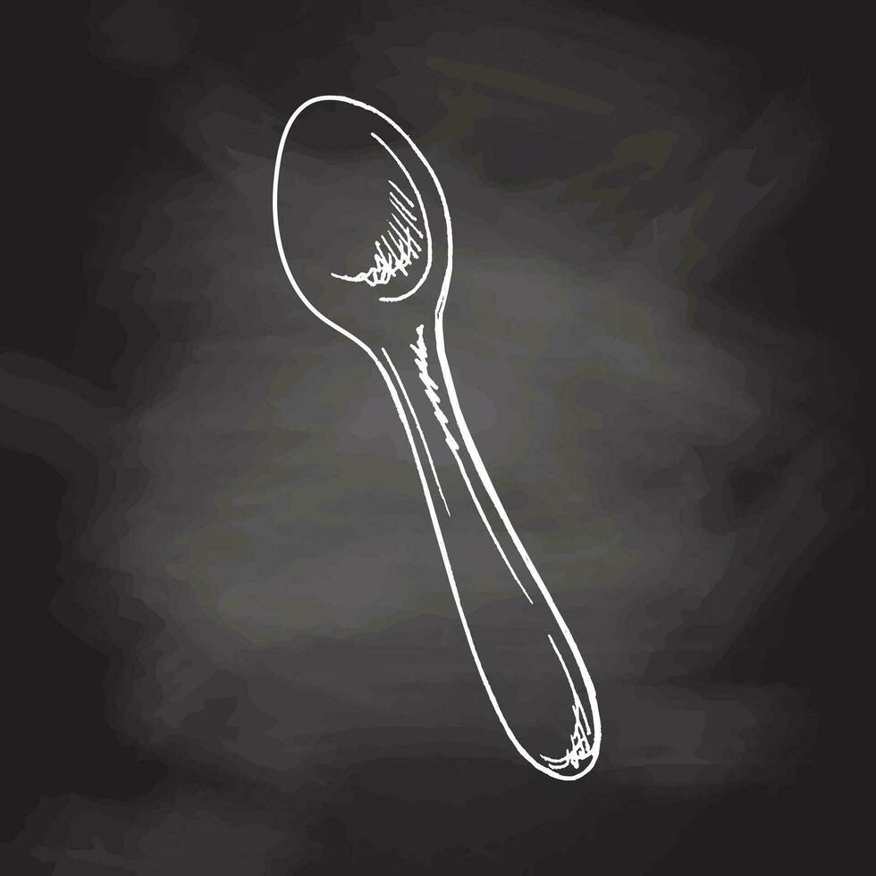 Hand drawn vector sketch of a spoon. Doodle vintage illustration isolated on chalkboard background. Engraved image.