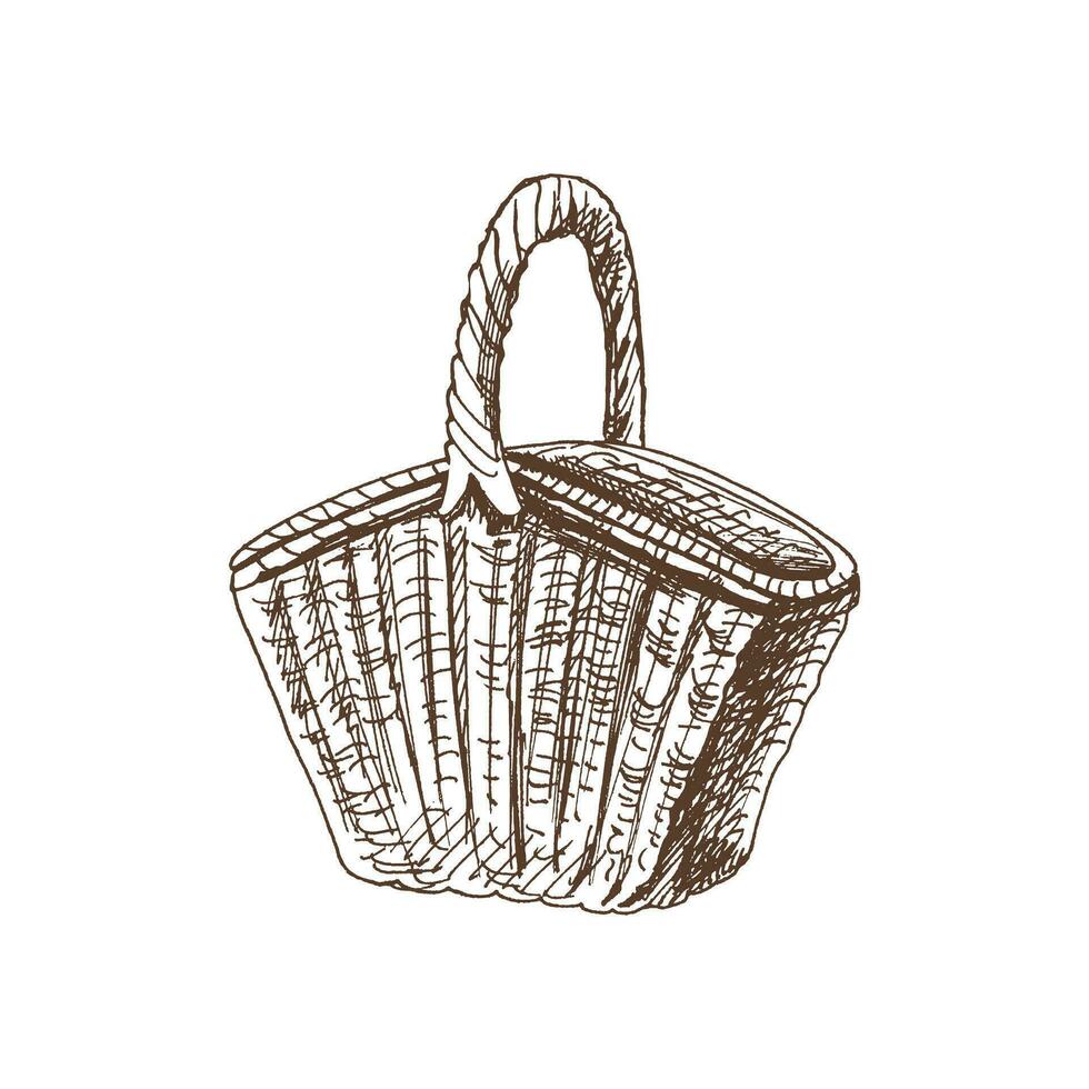 Hand drawn vector sketch of a wicker picnic basket. Doodle vintage illustration. Engraved immage.