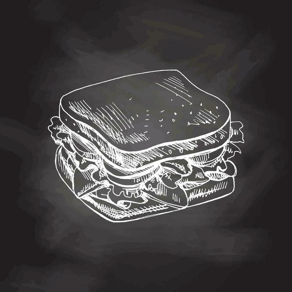 Hand drawn vector sketch of a piece of sandwich with vegetables, cheese, meat. Doodle vintage illustration isolated on chalkboard background.