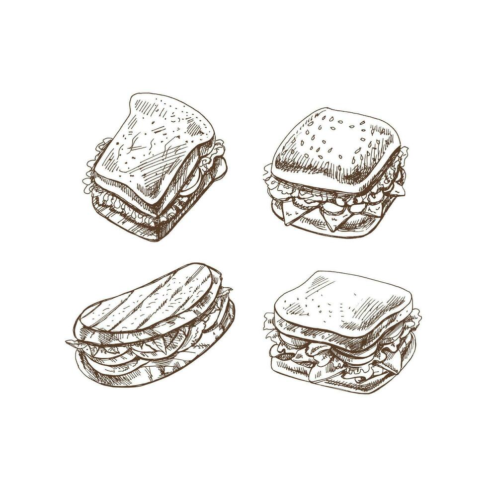 Organic food. Hand drawn retro style vector sketch set of sandwich with vegetables, cheese, meat. Doodle vintage illustration. Engraved image.