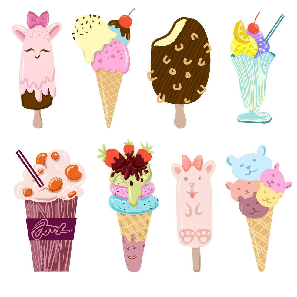 Whimsical Delights. Explore the Playful World of Cartoon-style Ice Cream Illustrations vector