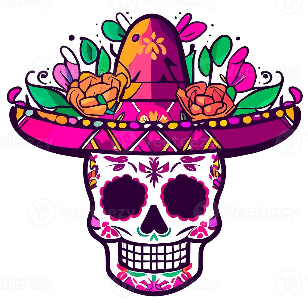 Decorated Sugar skull with mexican hat isolated on white background. Day of the Dead. photo
